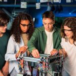 Home group of young people doing experiments in robotics in a laboratory